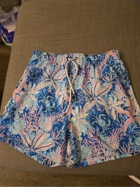 Simply Southern Blue, Light Blue and Pink Coral Print Swim Trunks